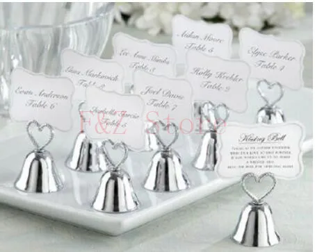 

50 pcs/lot Heart Kissing Bell Place Card Photo Holder Bridal Wedding Metal Heart Shape Favor Favors Golden Silver Color