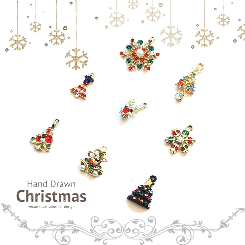 8pcs/set Christmas Alloy Rhinestone Pendants Sets Snowflake Christmas Tree Charms for Christmas Decor