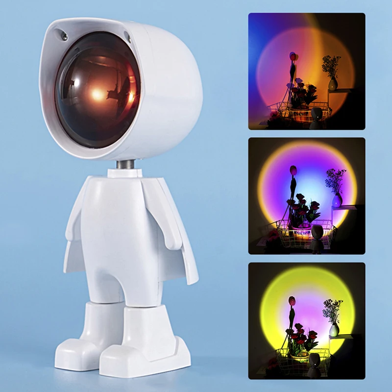 USB Robot Rainbow Sunset Projector Atmosphere Led Night Light Room Study Bedside Background Wall Home Decoration Mini Table Lamp