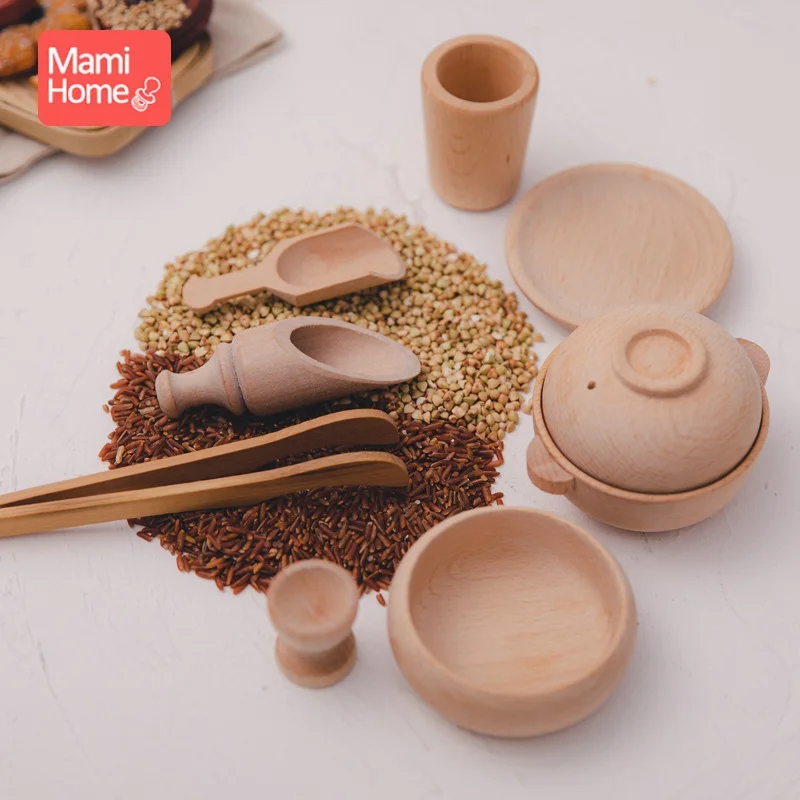 9pcs Babys Toy Wooden House Kitchen Toy Set Kids Pretend Play Set Wooden Simulation Kitchenware Early Learning Educational Toys