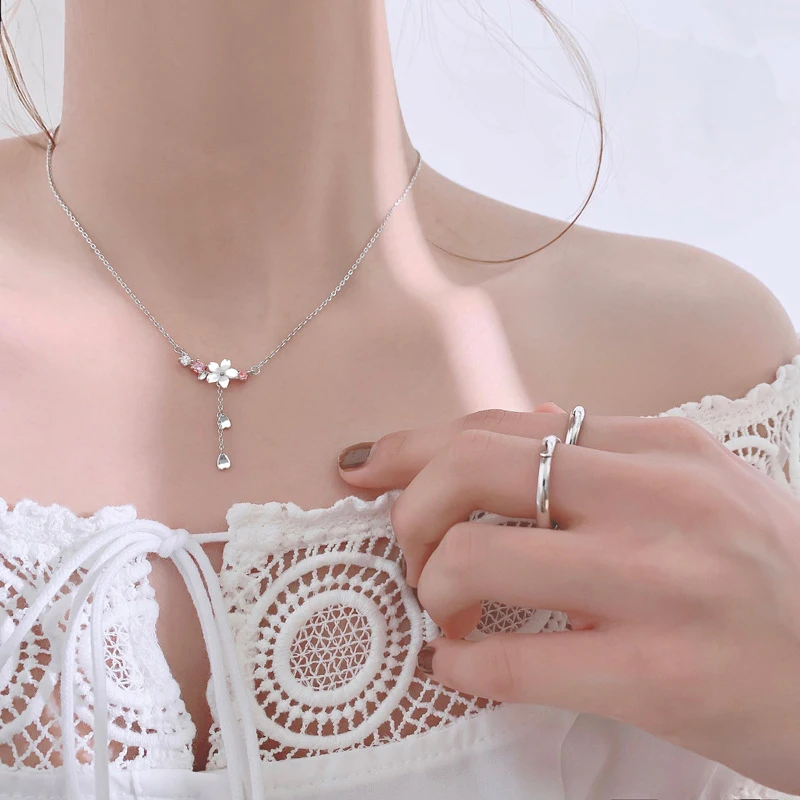 VENTFILLE Silver Color Cherry Flower Shell Long Tassel Necklace for Women Sweet Heart Pendant Clavicle Chain Jewelry Dropship