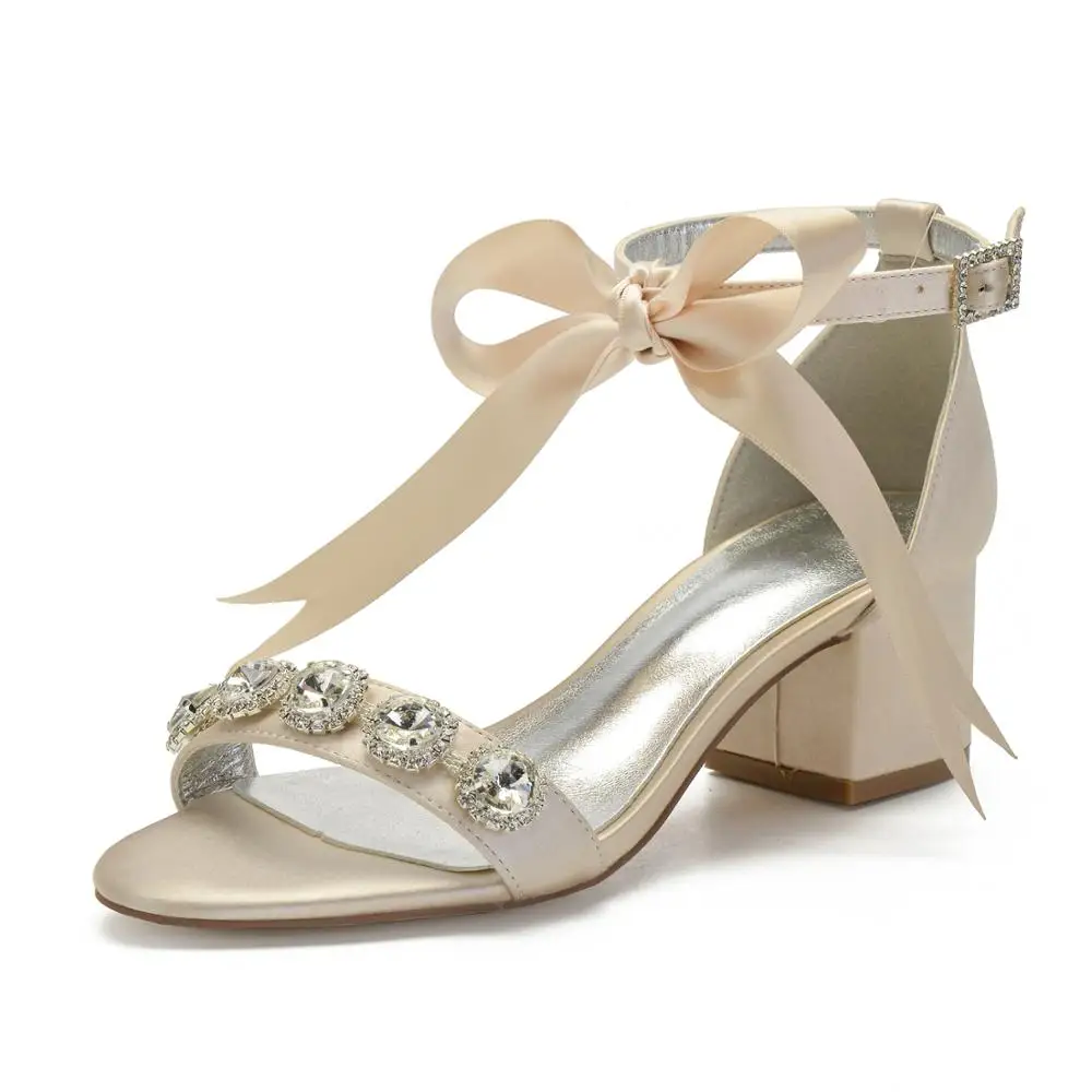 

Elegant Lady Satin Dress Shoes Block Chick Heels Crystal Sandals Ribbon Bow Ankle Strap Big Stone Bridal Wedding Party Prom shoe