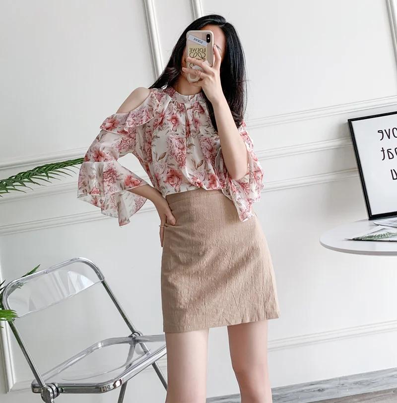 Spring Summer New Off-Shoulder Pullover Floral Loose Blouse Women Short Sleeve OL Chiffon Shirt Women Blusas Mujer De Moda 14370