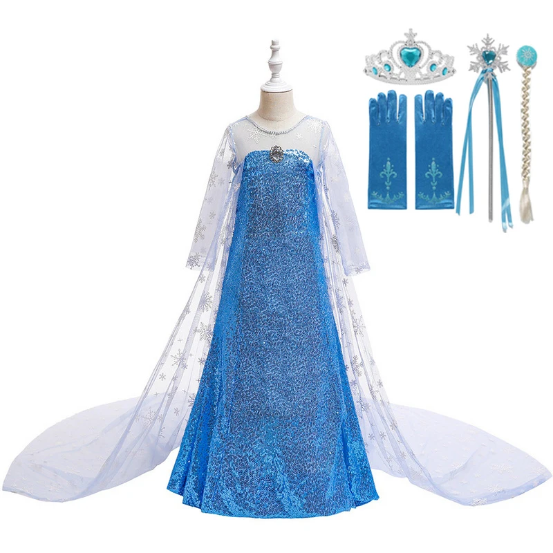 Girls Dress Snow Queen Princess Costume Halloween Birthday Party Frozen 2 Cosplay Costumes Blue Full Sequined Long Dresses