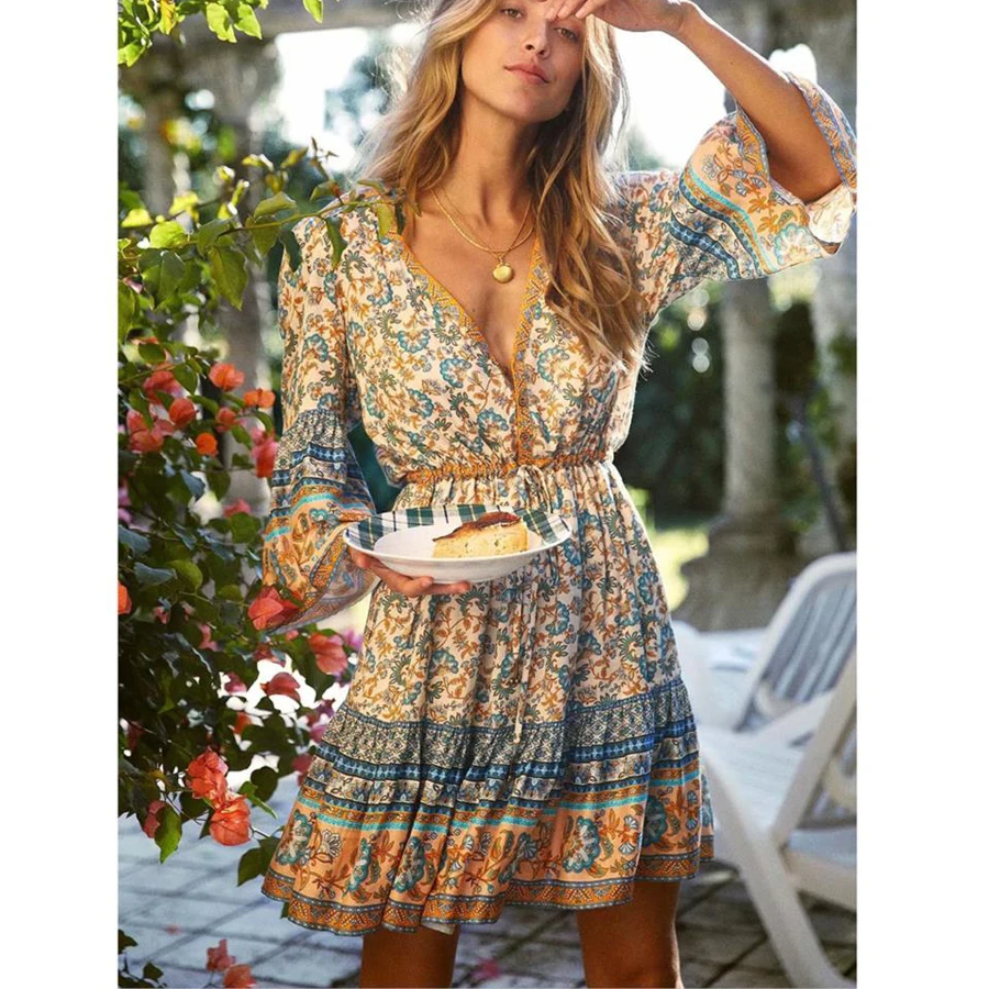 Teelolina vestido boho curto estampa floral vermelha, decote em v, para mulheres, novo verão, estilo solto, praia boêmia