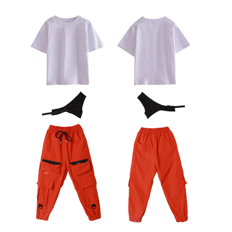 Boys Hip Hop Vest Girls Orange Cargo Pant Outfit Child T-shirt Chest Bag Joggers Street Dance Kids Streetwear Costume Sportwear