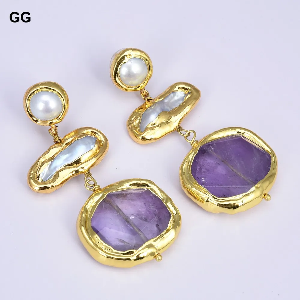 GuaiGuai Jewelry Natural Freshwater White Biwa Keshi Pearl Purple Amethyst Gold Color Plated Stud Dangle Earrings