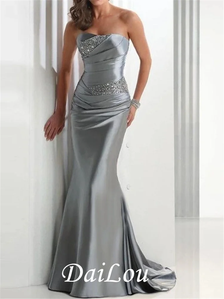 

Mermaid / Trumpet Sparkle Wedding Guest Formal Evening Dress Strapless Sleeveless Sweep / Brush Train Satin with Crystals 2021