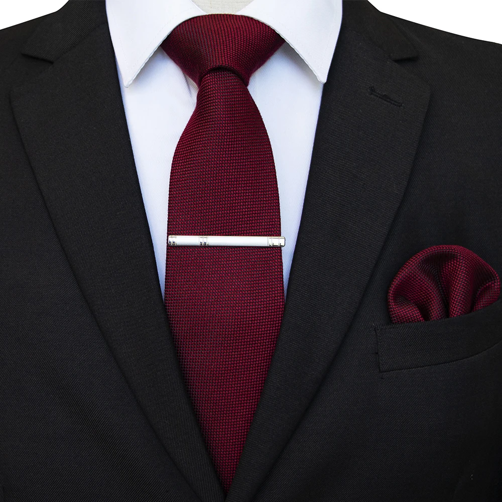 KAMBERFT New Mens Wool Tie Solid microfiber 8cm Burgundy NeckTies and Pocket Square Hanky Set Mens Wedding Party Gift