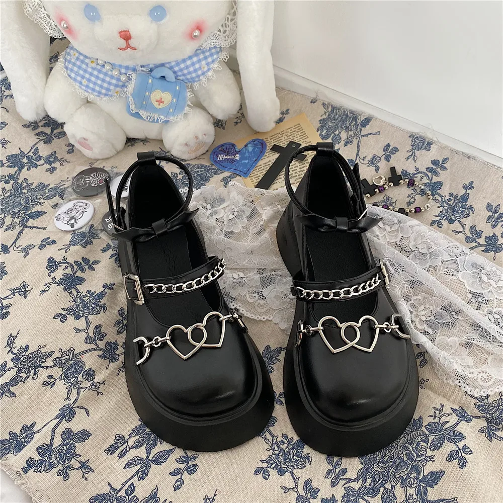 Japanese Mary Jane Summer Lolita Shoes Love Chain Punk Gothic Black College School Girls Cosplay Anime Round Toe Platform Female