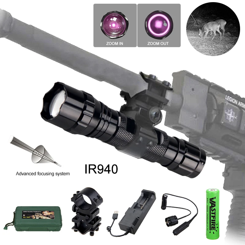 Tactical IR Night Vision Flashlight Zoomable 940nm Zoomable LED Hunting Trainning Torch with Rifle Scope Clip Mount