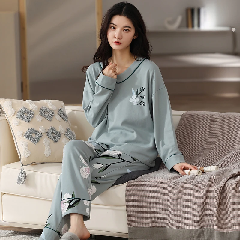 M-5XL Katoenen Pyjama Voor Vrouwen Nieuwe Herfst Winter Thuis Kleding Losse Dames Pijama Bloemen Pyjama Suits