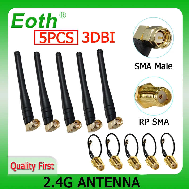 

EOTH 5 шт. 2,4g антенна 3dbi sma, Мужская wlan Wi-Fi 2,4 ГГц антенна IPX ipex1 SMA разъем, удлинитель 21 см, кабель iot, модуль антенны