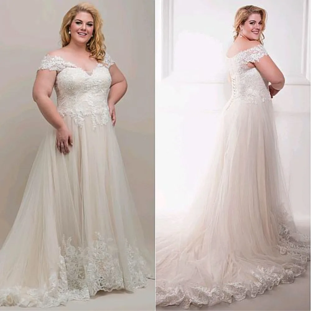 Novo elegante vestido de casamento champanhe com apliques plus size v-neck fabuloso tule fora do ombro vestidos de renda vestido de noiva