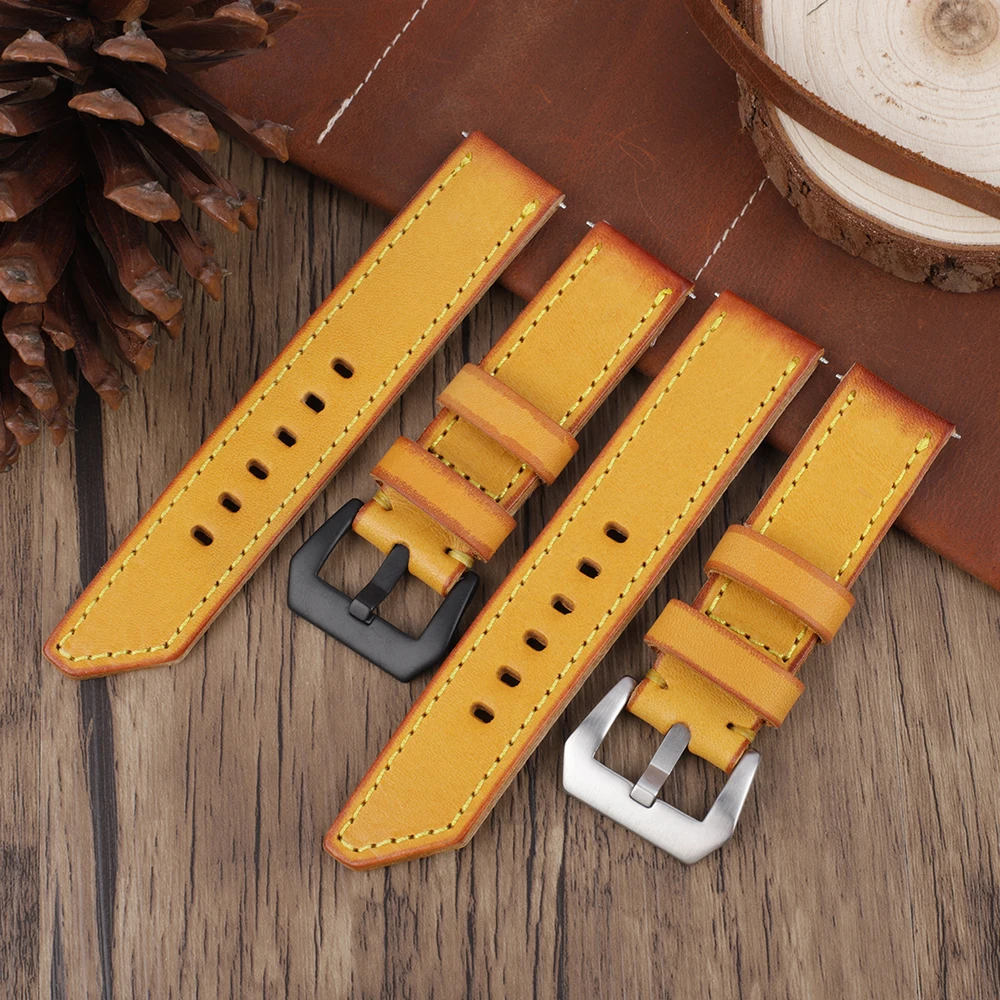 Vintage Yellow Handmade Band Watchband for Panerai 20mm 22mm 24mm 26mm Leather Watch Straps Male Replacement Bands Wist Bracelet