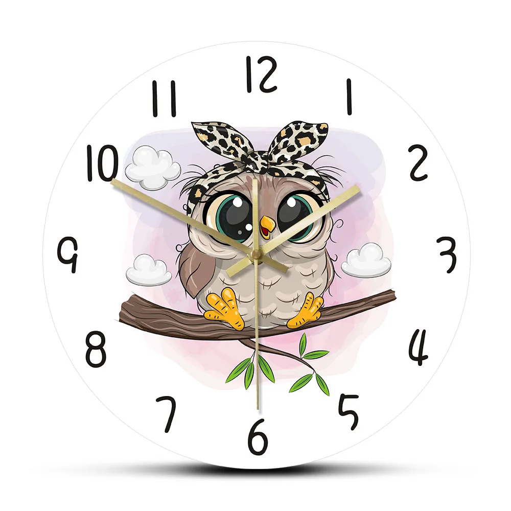 

Cartoon Owl Wall Clock Digital Art Print Painting Owl Bird Animal Wall Art Home Decor Kids Living Room Clock Silent Non-ticking