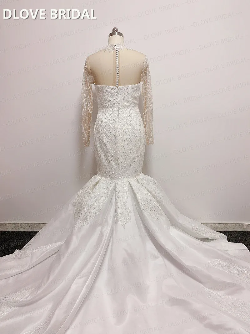 Robe de mariée sirène en Satin, à manches longues, effet d'illusion, en dentelle perlée et pailletée, Photos réelles d'usine