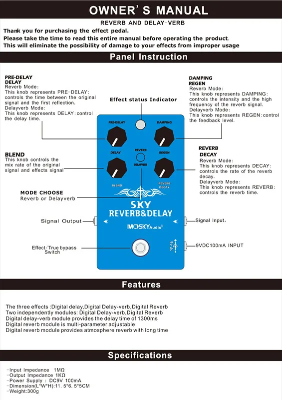 New Moskyaudio SKY Reverb Delay Guitar /Bass Effect Pedal