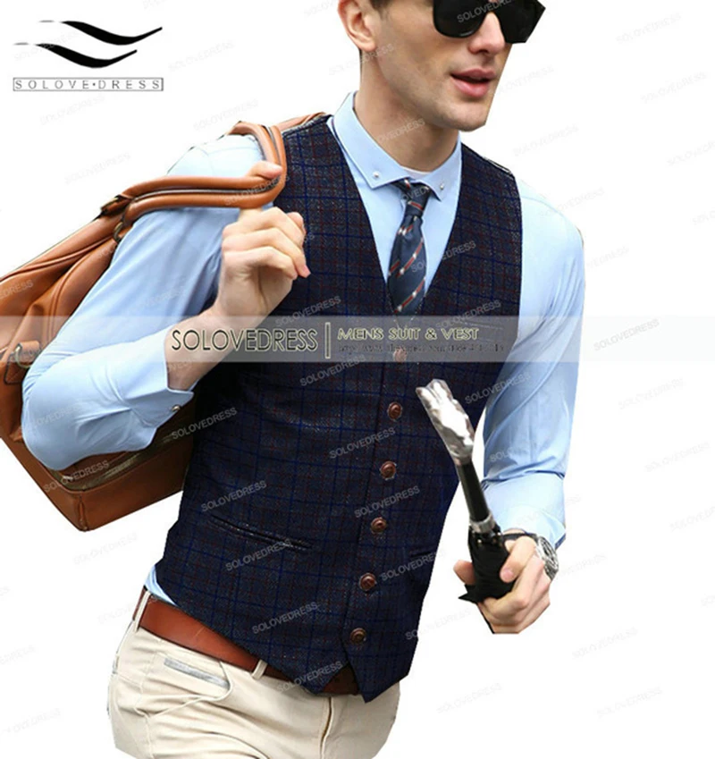 Fashion Plaid Rompi Cocok Kotak-kotak Rompi Slim Fit Modern Fit Pengiring Pria Mantel untuk Pernikahan