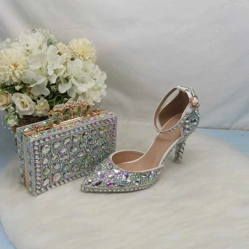 Women Luxury Crystal Bridal Wedding Shoes and Bag Set Pointed Toe AB color Bridesmaid Party Dress Shoes Lady Sandals and Handbag