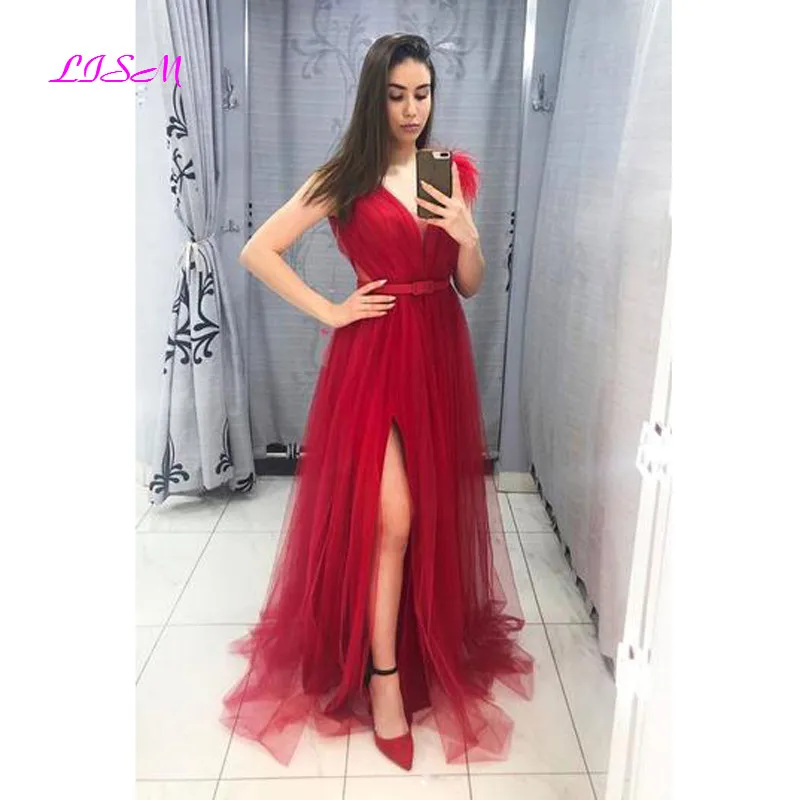 Burgundy V-Neck Tulle Long Prom Dresses Sexy Side Split Sleeveless Evening Dress Sweep Train Formal Dress 2021