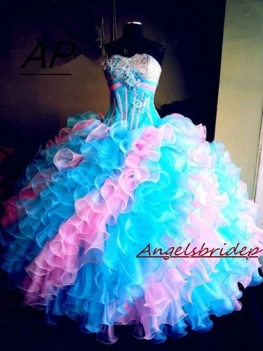 ANGESLBRIDEP Bleu Et Rose Quinceanera Robes 15 Ans Élégant Cristal Perles Corsage Pleine Longueur Bal Robe Grande Taille