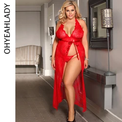 Ohyeahlady Nuisette Lingerie Nightgown Backless Halter Long Nightgown Plus Size Women Night Dress Red Lingerie Nightwear RJ80337