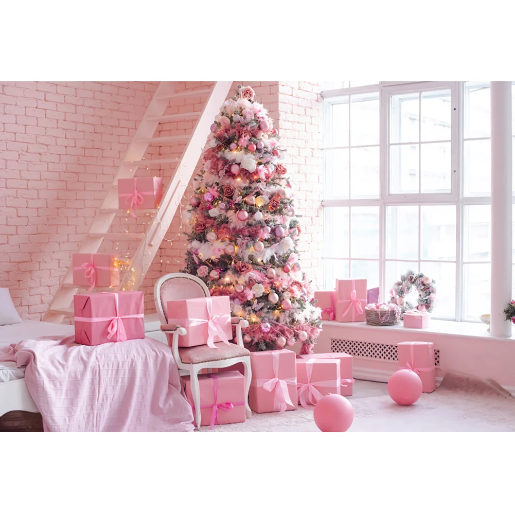 Laeacco Pink Christmas Tree Gift Windowsill Brick Wall Baby Birthday Backdrop Photographic Photo Background For Photo Studio