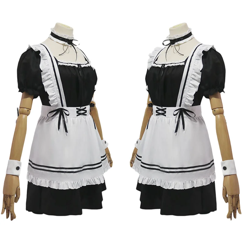 Roupa de empregada feminina anime vestido longo preto e branco vestidos de pelúcia orelhas lolita vestido traje cosplay cafe avental cosplay traje