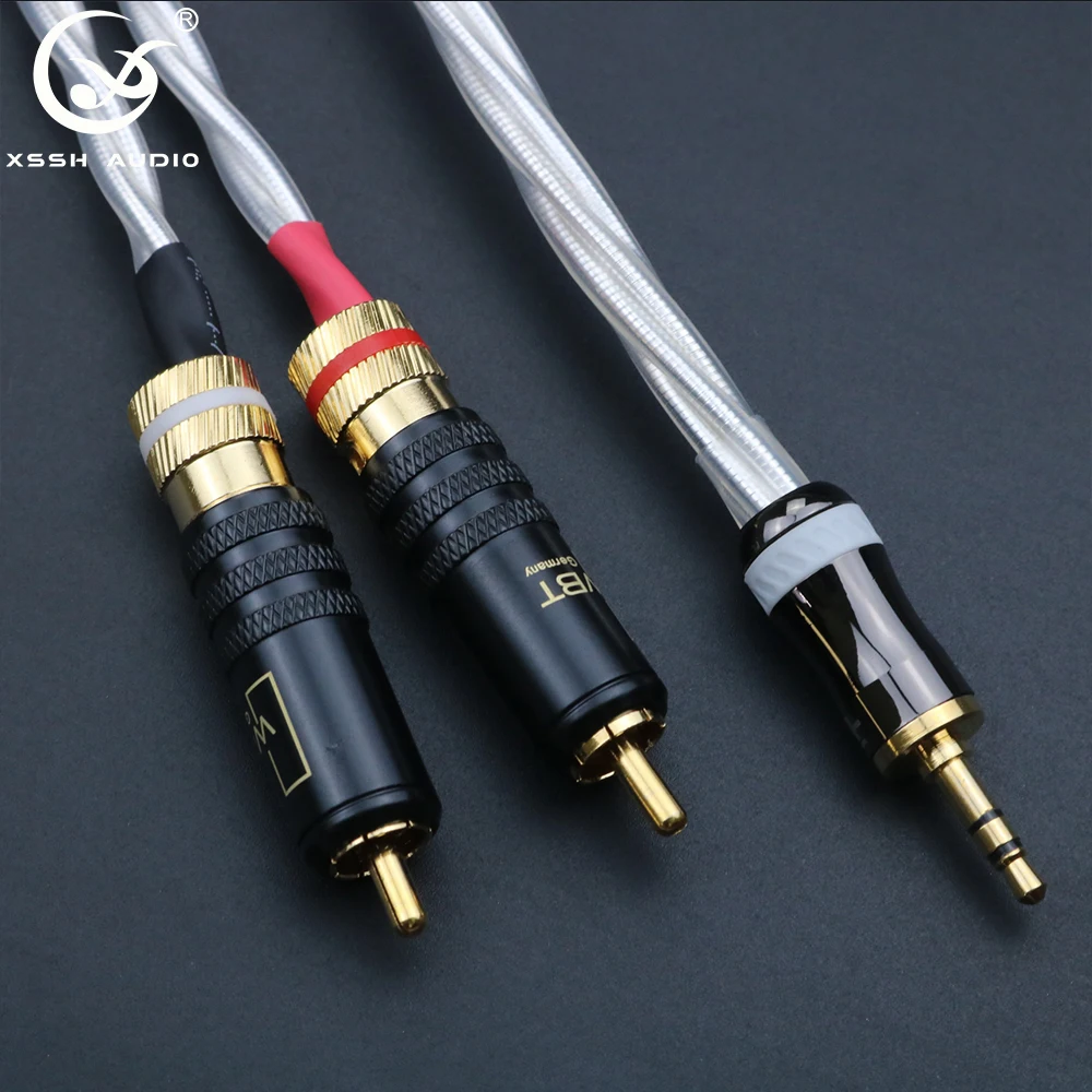XSSH Hifi High Quality 4 Core 7N Copper OFC Plated Silver Aux 3.5mm Headset Plug to 2RCA Jack Audio Cable Signal Line Wire Cords