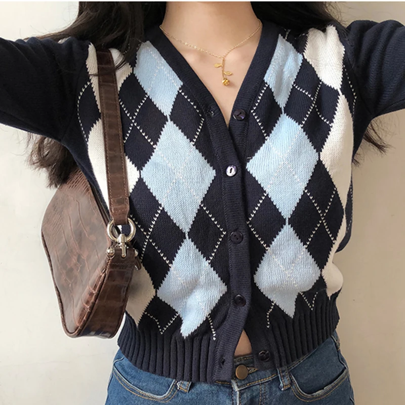 Vintage V-Neck Plaid Long Sleeve Women Sweater 2024 Autumn Winter Short Knitted Cardigan Sweaters Womes England Style Tops