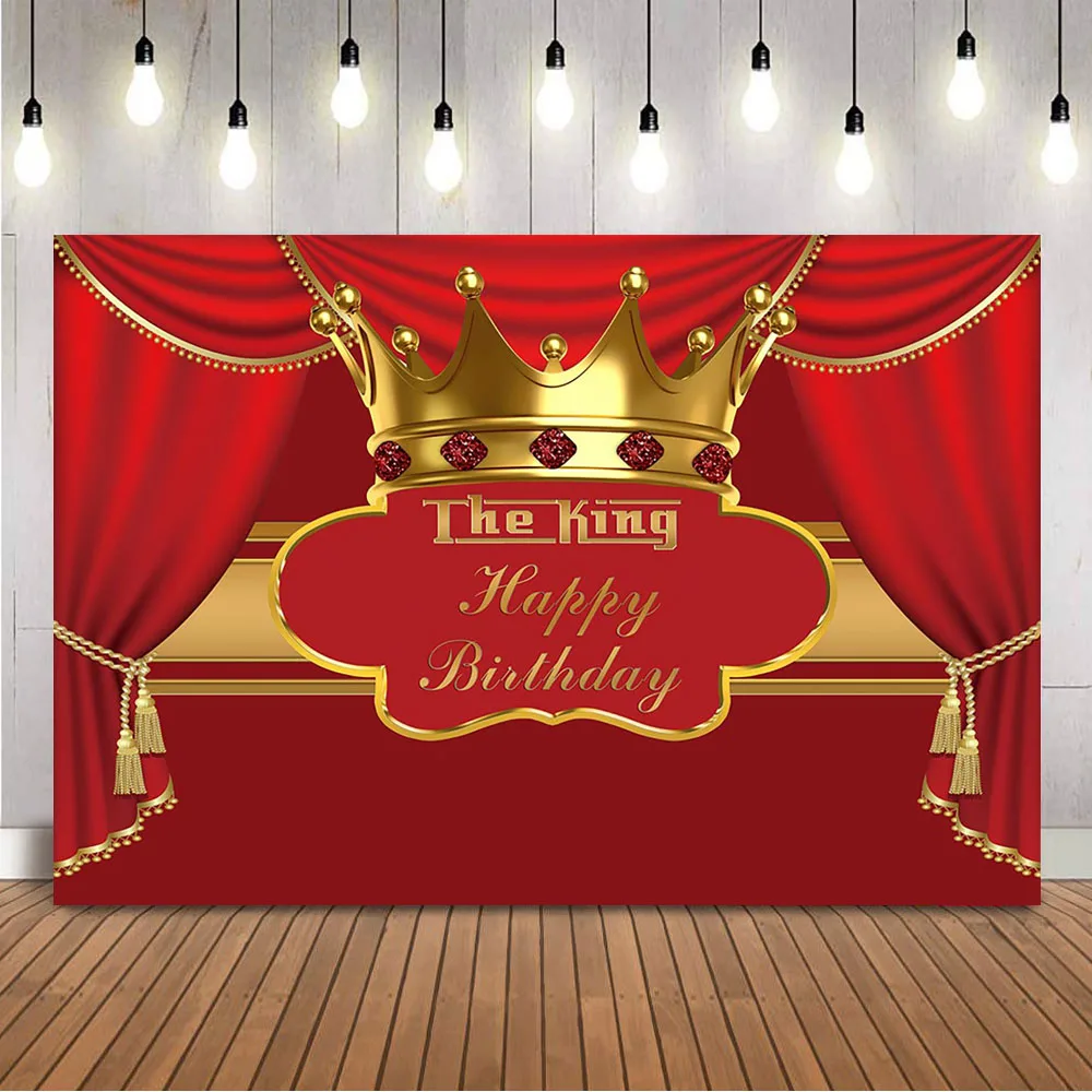 Red Curtain Birthday Backdrop Gold Happy Birthday Portrait Background for Photo Studio Golden Crown Photocall Girl Newborn Props