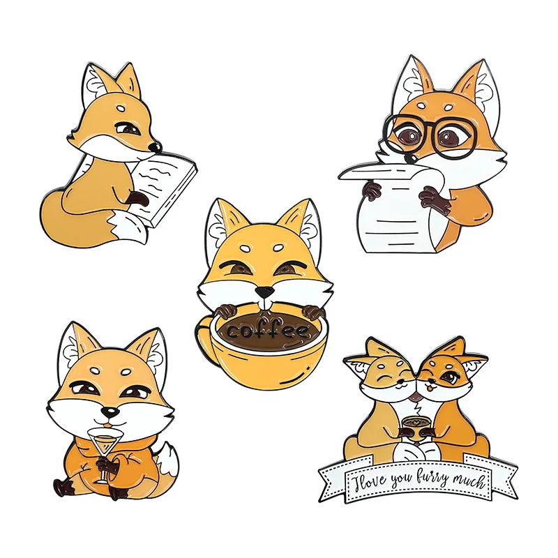 Fox Reading Newspaper Cartoon Animal Jewelry Brooch Cute Drinking Coffee Book Brooches Badges Lapel Pins