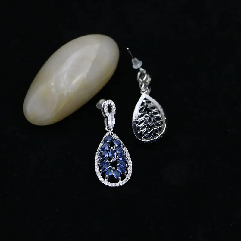 Natural Blue Cubic Zirconia Drop Earrings 925 Sterling Silver Bridal Jewelry Long Earring For Women