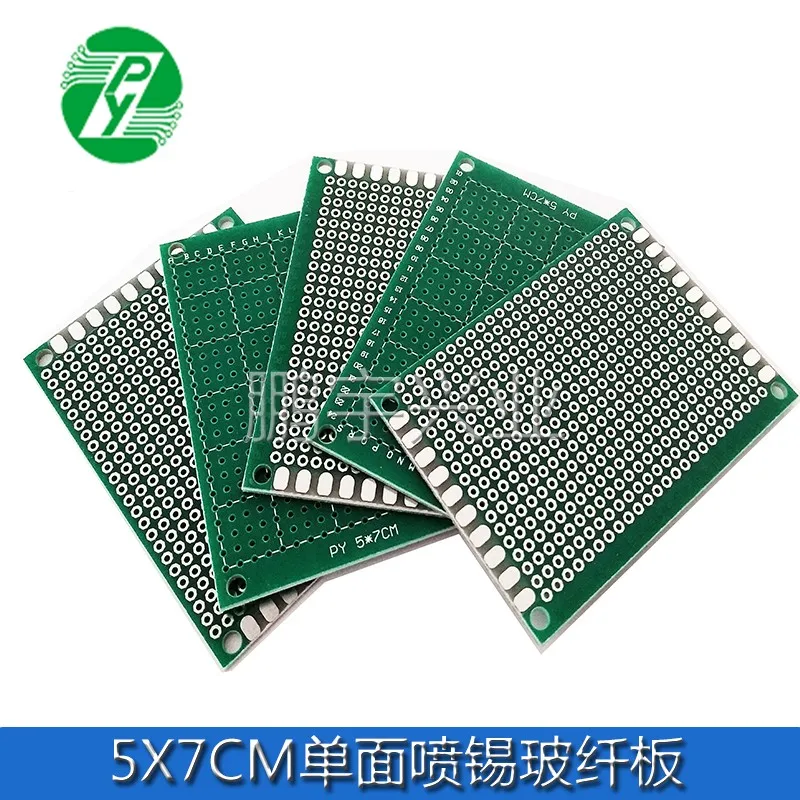 Pulverización de estaño de una cara, 5x7CM, 1,6 de espesor, 2,54 espaciado, placa de circuito Universal, placa de agujero, PCB