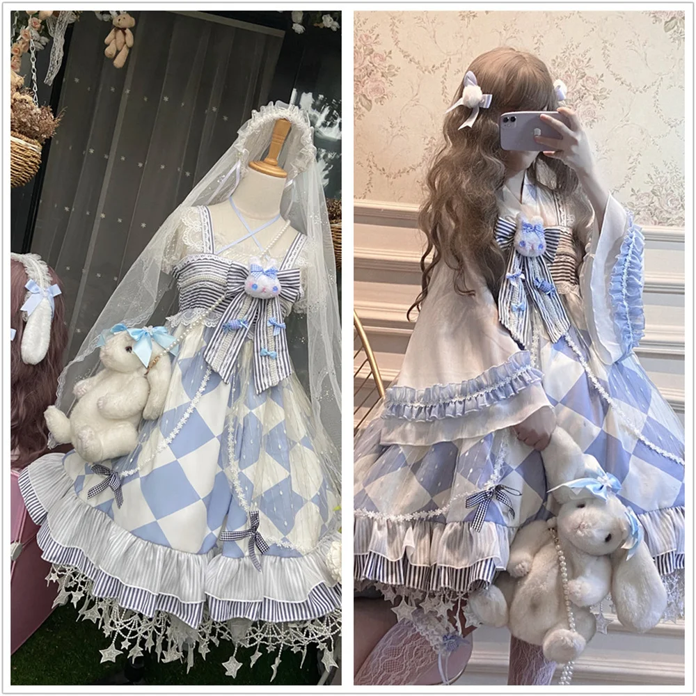 Vestido azul Kawaii Lolita Alice Rabbit Fairy Jsk para niñas, vestido de tirantes Loli Jsk, conjunto Haori de fiesta de té, vestidos de princesa Lo