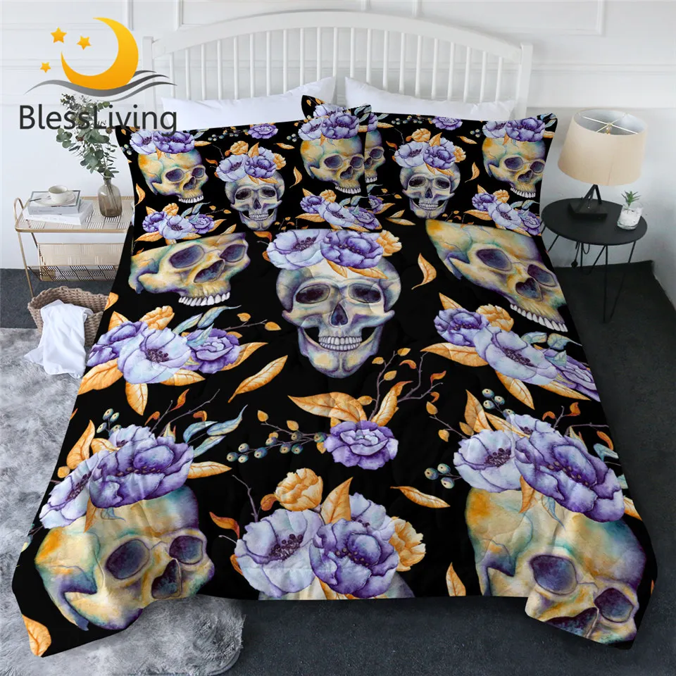 

BlessLiving Skull Quilt Set Purple Flower Comforter Floral Blanket Throw Gothic Bedspread Yellow Leaf Housse De Couette 3pcs