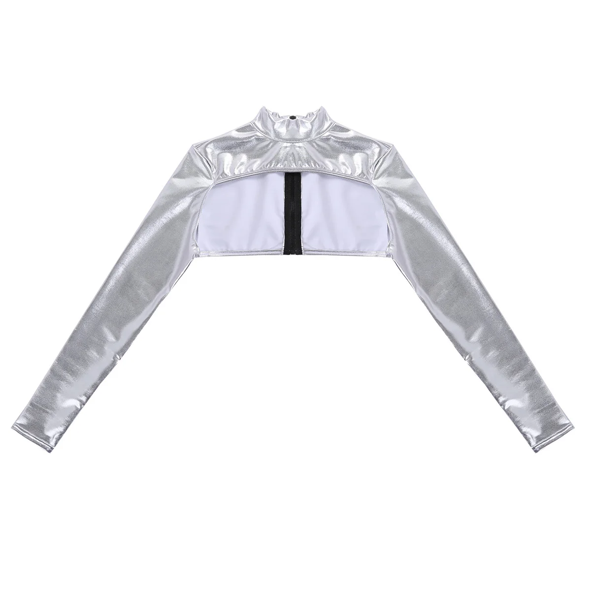 Women Zipper Form Fitting Shrugs Shirts Blouses Crop Top Female Shiny Metallic Long Sleeves Shawl Cover Up Apparel Accessories