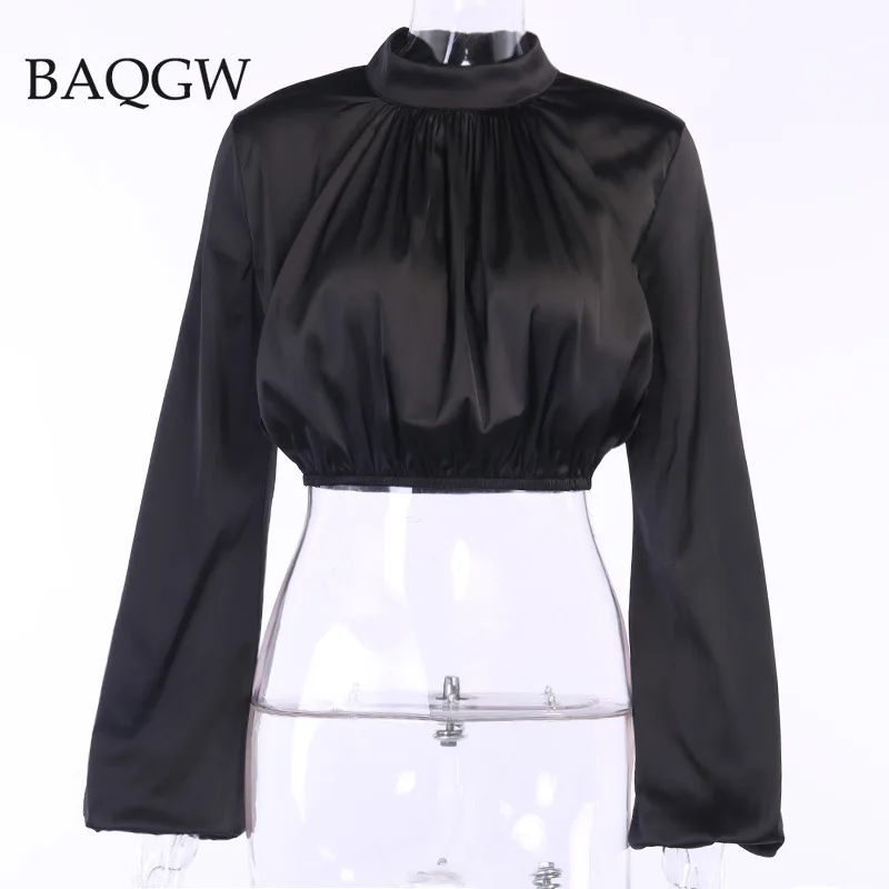 Sexy Puff Sleeves Satin Blouse Shirt Women Long Sleeve Spring Autum Turtleneck Women\'s Cropped Blouses Office Lady Top Blusas