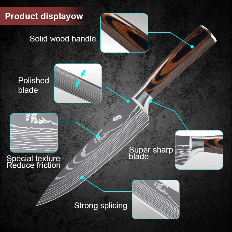 Kitchen Knives 7CR17 440C Stainless Steel Knife Laser Damascus Pattern Japanese Santoku Cleaver Slicing Utility Chef Knife