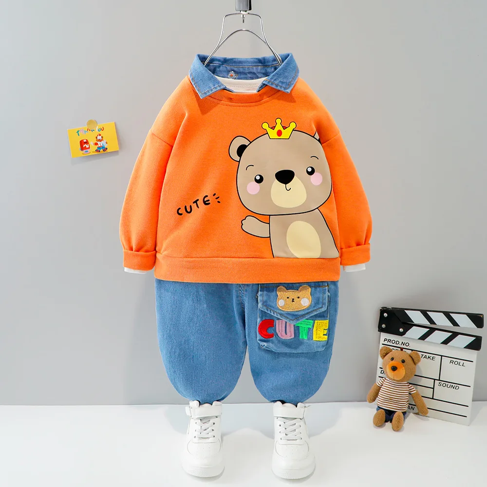 Baby Boys Clothes Set Newborn Infant Autumn Suit Cartoon Bear Sweatshirt Tops Jeans 2Pcs Outfits for Toddler Kids Sport Clothing