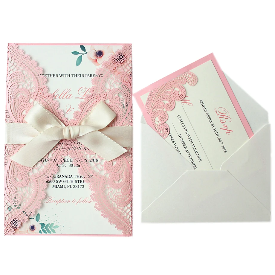 Blush Pink Lace Wedding Invitation Set Laser Cut Wedding Invite Romantic Invitation for Wedding - Set of 50 pcs