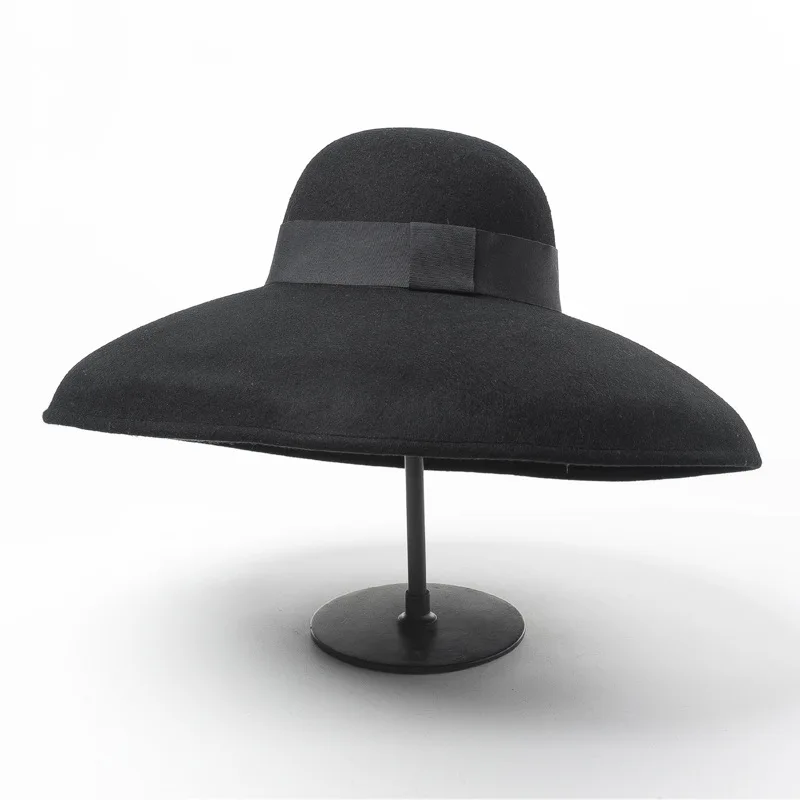 Vintage Luxury Catwalk Black Pure Wool Felt Floppy Hat Wide Brim Women Winter Fedora Cloche Bowler Hat Wedding Party Church Hat