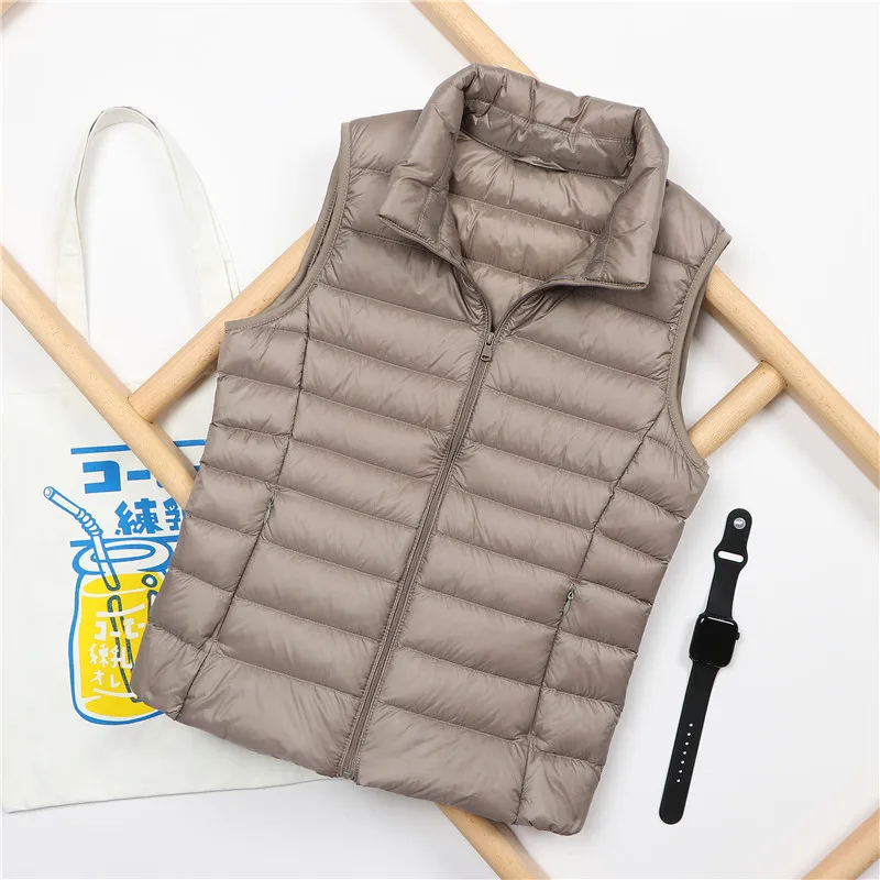 Fashion Autumn Stand Collar Duck Down Vest Women Elegant Solid Simple Zipper Coats Casual Warm Vests Ladies