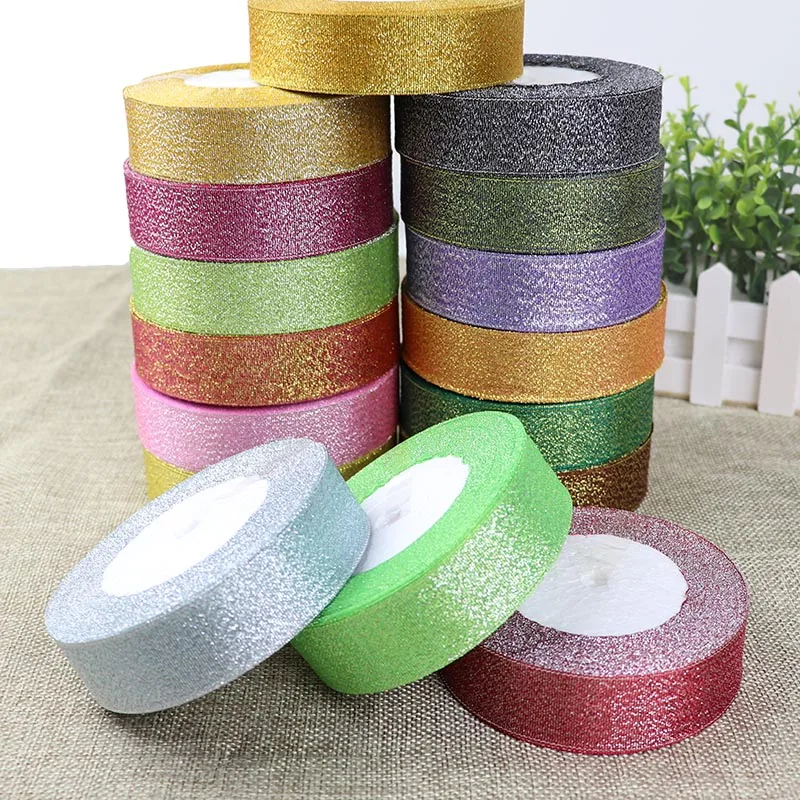 25 Yards/Roll Metallic Glitter Ribbon Christmas Wedding Decoration Ribbon DIY Bows Gift Wrapping Onion Ribbon  6/10/15/25/40MM