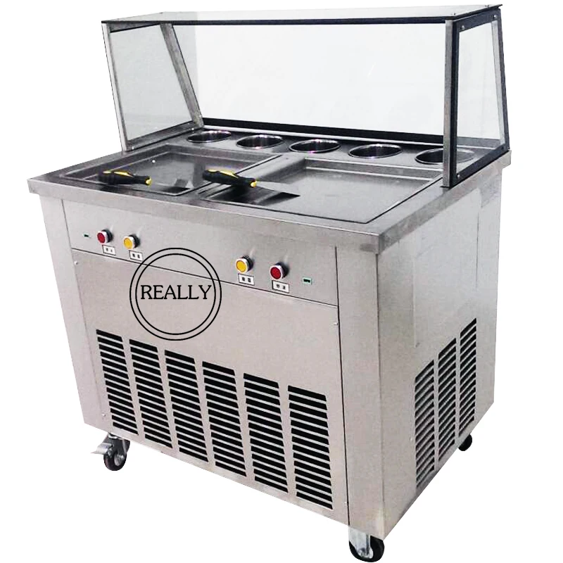 Free ship CE R410 fry ice cream machine fried ice roll pan machine flat pan double pan rolled fried ice cream rolls machine