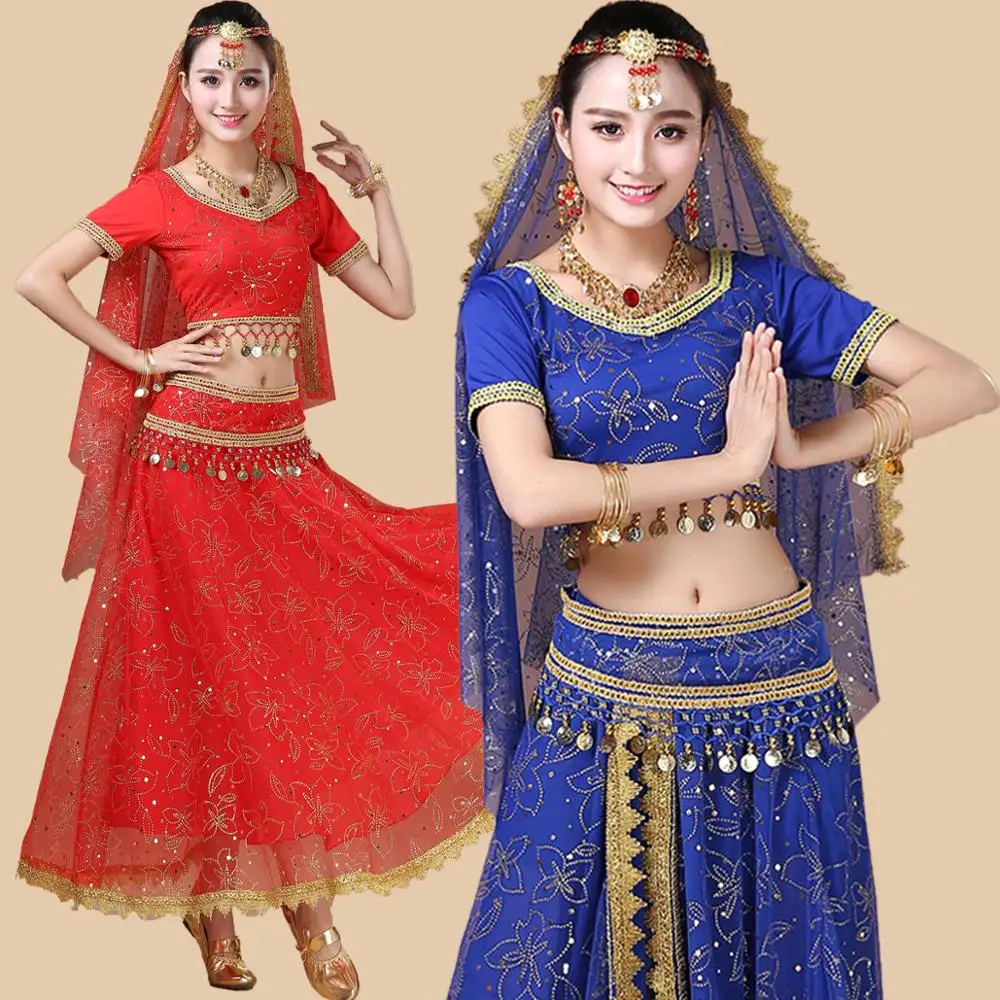 New Women Indian Belly Dance Costume Set Dance Sari Outfit Bollywood Stage Performance Chiffon Top Belt Skirt Bellydance