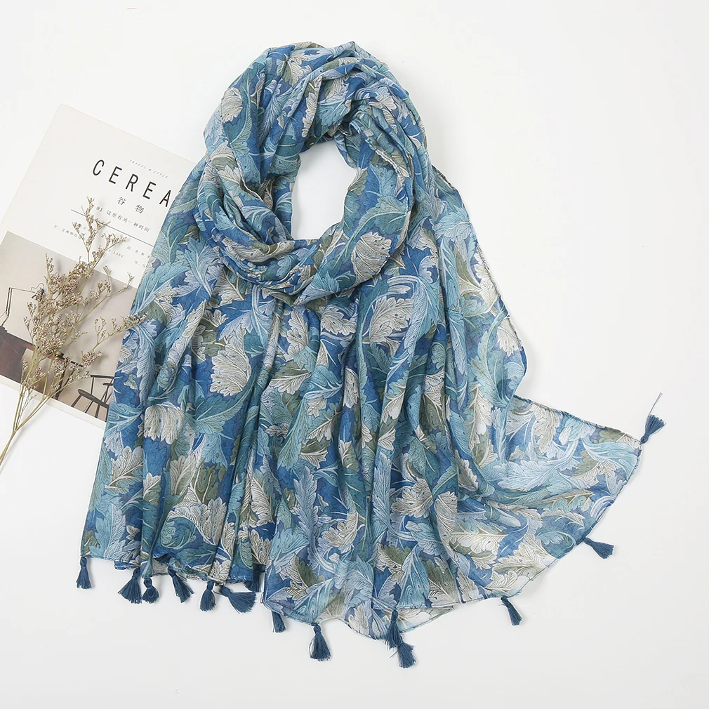 High Quality Floral Printed Women Scarf Spring Summer Tassel Shawls and Wraps Women\'s Headscarf Soft Ladies Hijab Blue Scarf 1pc