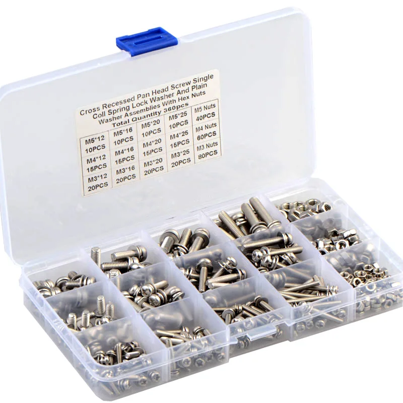 360pcs Cross Round Head M3 M4 M5 Screw Set Phillip Cross Pan Head Machine Screw and Nut Flat Gasket Spring Washer Assorted Kit