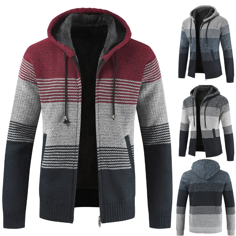 

2021 New Autumn Winter Color Stitching Knitted Sweater Men Fleece Thick Hooded Hoodies Fashion Male Warm Zipper Jackets Cardigan